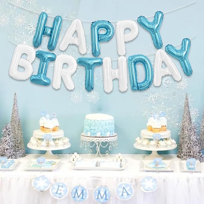 TONIFUL 16 Inch Light Blue White Happy Birthday Balloons Banner Decorations | - Image 5