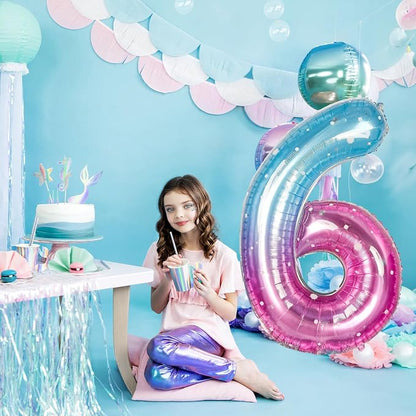 40 Inch Balloon Number 6 Blue Pink, Large Foil Mermaid 6 Balloons Number - Image 4