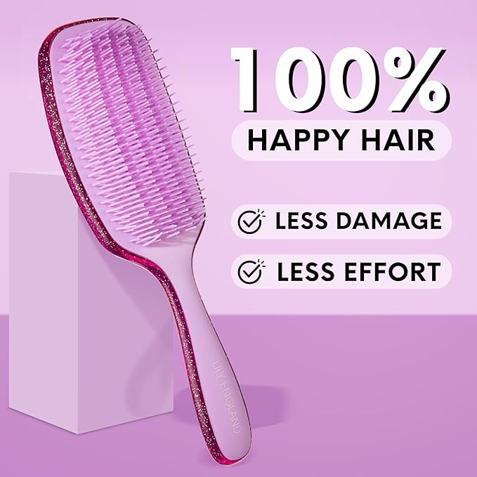 Lily England Curly Detangler Brush for Women - Pain-free Detangling Brush for Wet & Dry Hair With Flexible Bristles - Easy-to-Hold Hairbrush for Women with 3c & 4c Curls - Purple Glitter