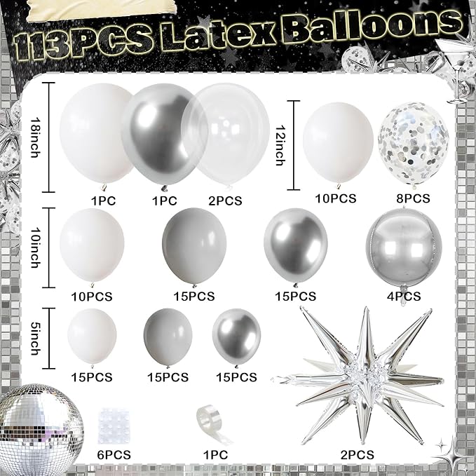 White Silver Balloons Garland Arch Kit, Confetti Silver Explosion Star 4D Foil - Image 2