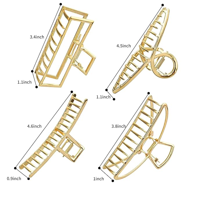 4 Pack Large Gold Hair Claw Clips for Women Thick Hair, French Design Metal Cross Banana Non-Slip Hair Catch Barrette Jaw Clamp Clips for Women and Girls