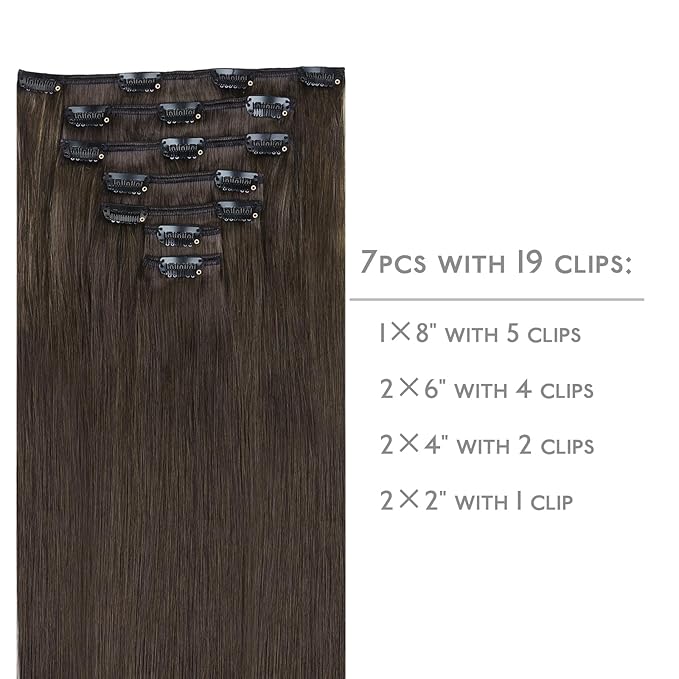 WENNALIFE Clip in Hair Extensions Real Human Hair, 18 Inch 120g 7pcs Human Hair Extensions Clip In Human Hair, Cool Dark Brown Clip In Real Hair Coloured Remy Human