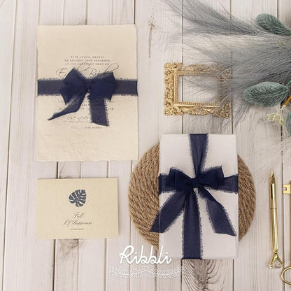 Ribbli Navy Ribbon 1 Inch x 3 Rolls Total 24 Yards Handmade Fringe Chiffon Silk - Image 2