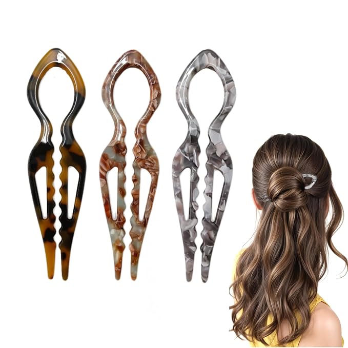 Prestige Hair Pins,French U-Shaped Hair pin 3Pack Elegant Women Hair Accessories Suitable for Thick or Thin Hair (Light gray, Reddish brown, Dark yellow)
