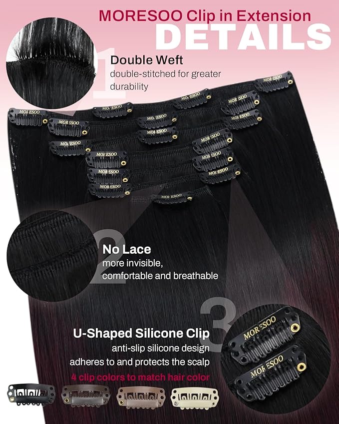 Moresoo Human Hair Clip Extensions Balayage Black to Burgundy Real Hair Ombre Black to Wine Red Double Weft Clip in Human Hair Extensions 7Pcs/120G 24inch