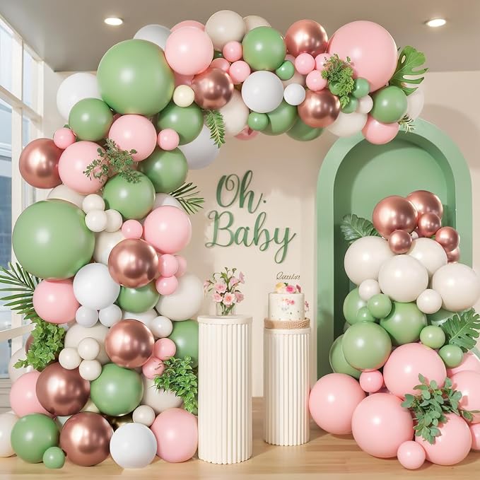 Sage Green Pink Balloon Arch Kit, Sand White, Rose Gold, Different Size | Latex by PUFFLD