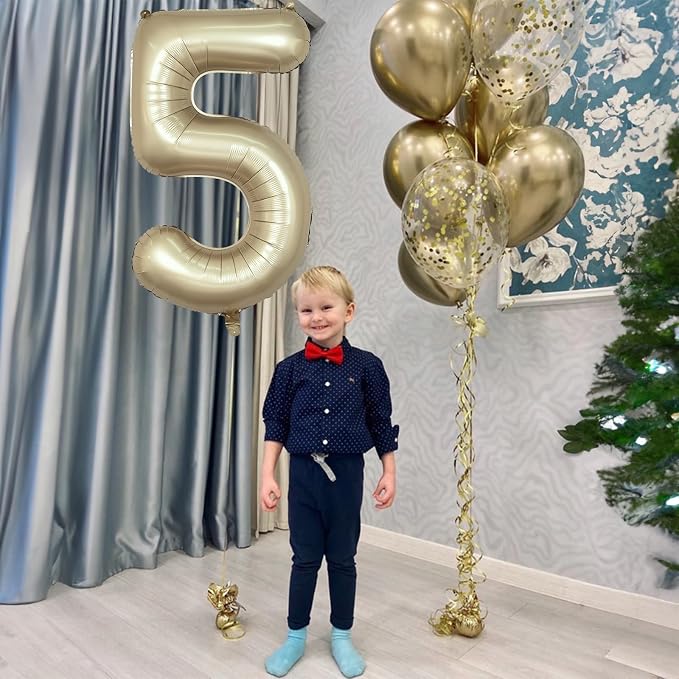 Metallic Gold 5 Balloons, 40 Inch Giant Light Gold Mylar Foil Number 0-9 Helium - Image 3