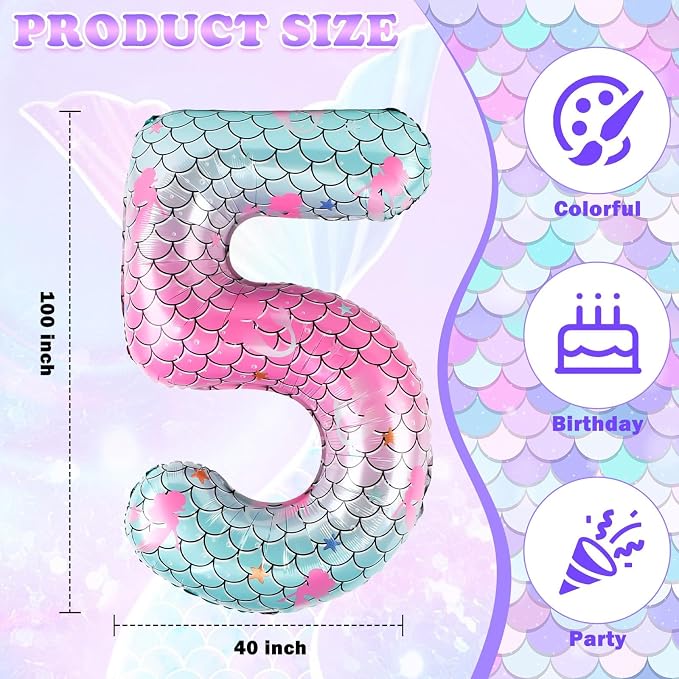 40 Inch Mermaid Number 5 Balloon, Sea Themed Birthday Decorations - Image 2