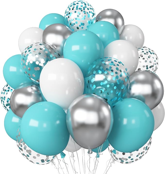 Teal Blue and Silver Balloons, 60 Packs 12Inch Teal and Metallic Silver Balloons by Govpy