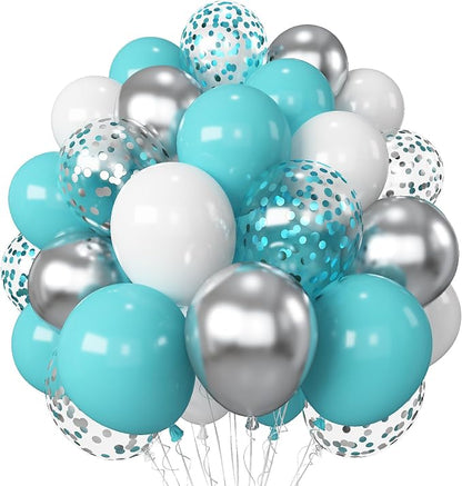 Teal Blue and Silver Balloons, 60 Packs 12Inch Teal and Metallic Silver Balloons by Govpy