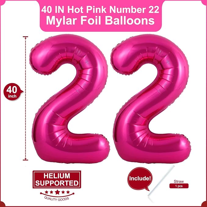 40 Inch Hot Pink 22 Balloons Giant Number 22 Balloons Hot Pink 22 Birthday - Image 2