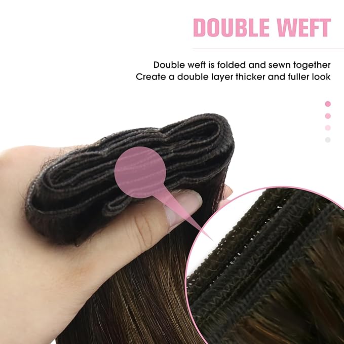 YoungSee Weft Hair Extensions Balayage Sew in Hair Extensions Dark Brown Mix Medium Brown Sew in Hair Extension Real Human Hair Short Straight Hair One Bundle 14In 70G