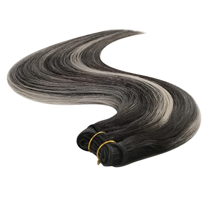 YoungSee Sew in Hair Extensions Real Human Hair Ombre Black Human Hair Extensions Sew in Black Ombre Silver Balayage Soft Hair Weft Extensions for Women 18Inch 100G