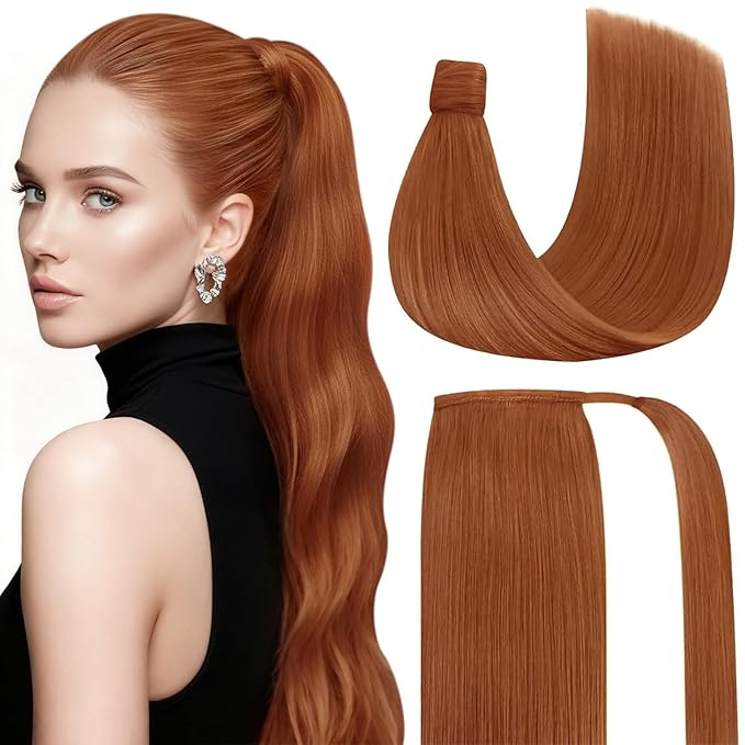 Ve Sunny Hair Extensions Ponytail Real Human Hair 80G Wrap Around Clip in Ponytail Hair Extensions Straight Extensions Human Hair for Women Copper 14inch