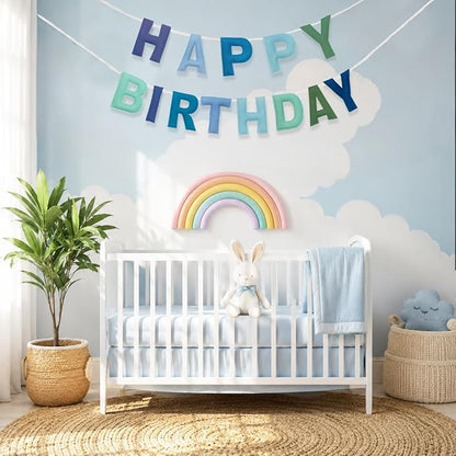 Felt Happy Birthday Banner, Pre-Strung 3D Blue and Green Birthday Banner | - Image 5
