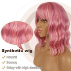 Short Bob Wigs with Bangs for Women Loose Wavy Wig Curly Wavy Shoulder Length Bob Synthetic Cosplay Wig for Girl Colorful Costume Wigs (Lovely Pink)