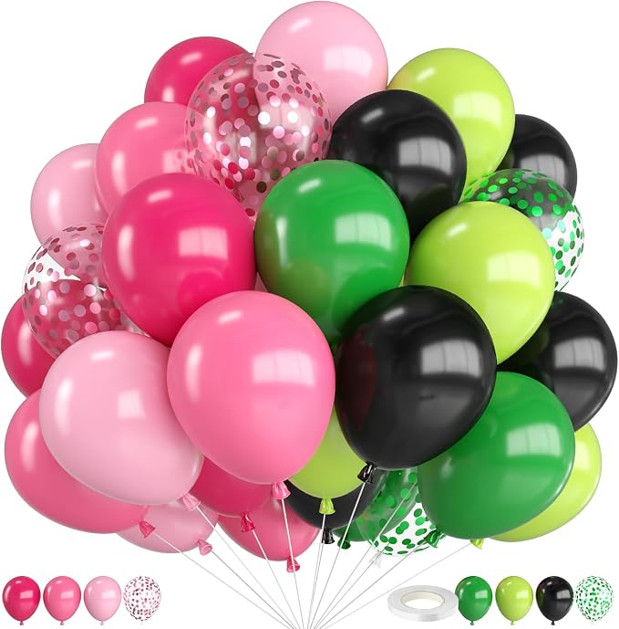 Pink Green and Black Balloons, 12 Inch Hot Light Pink Dark Green Black by FunHot