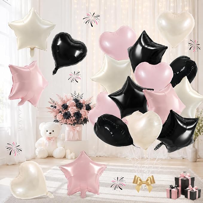 TONIFUL 18 Inch Pink and Black Star and Heart Foil Balloons by TONIFUL