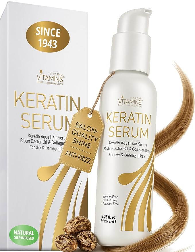 VITAMINS hair cosmetics Keratin Hair Serum for Frizzy and Damaged Hair - Anti Frizz Serum with Biotin, Castor Oil & Collagen for Heat Protection, Shine and Gloss Treatment - 4.25 Fl Oz