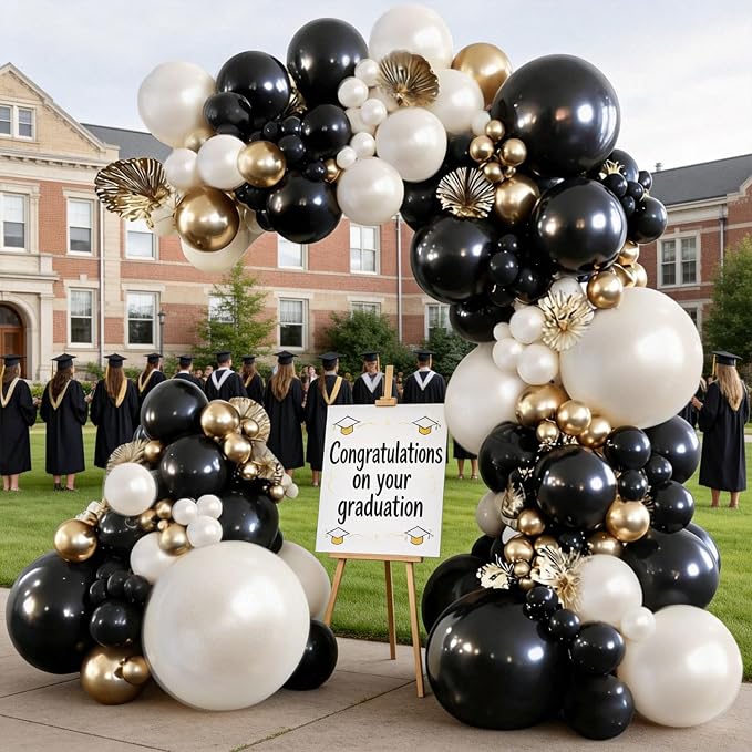 Black Gold White Balloons Arch Kit, Double Stuffed, Party. | Black, chrome gold - Image 5