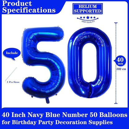 Navy Blue 50 Number Balloons, 40 Inch Giant Number 50 Balloons Foil Mylar - Image 2