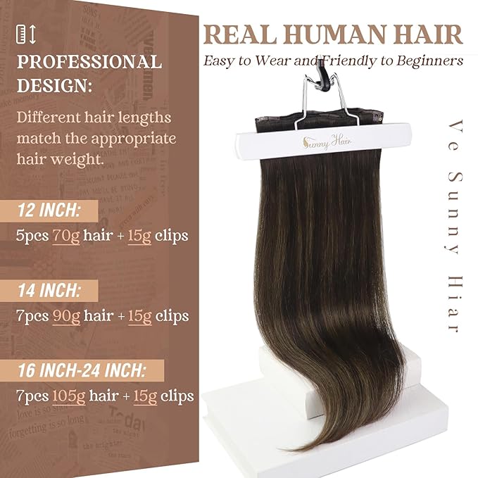 Ve Sunny Clip in Hair Extensions Dark Brown Balayage Medium Brown Remy Hair Extensions Real Human Hair for Women Thickness 16inch 100g 7pcs