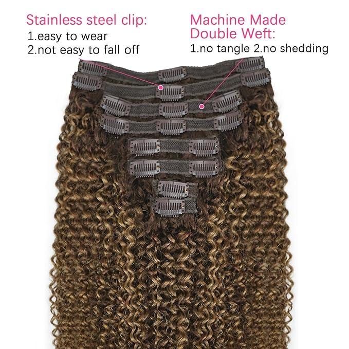 Kinky Curly Clip in Hair Extensions Real Human Hair 4/27/4 Omber Kinky Curly Clip ins For Women 3c 4a Brazilian Virgin Clip on Hair (24inch,#4/27/4)