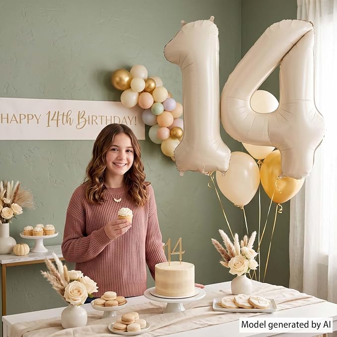 Cream Number 14 Balloon 40 Inch, Foil Numerals - Image 2