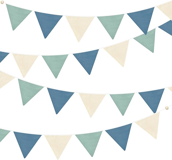 2 Sets of Blue Green Nursery Garland 24Pcs Green Blue Fabric Linen Pennant by pinkblume