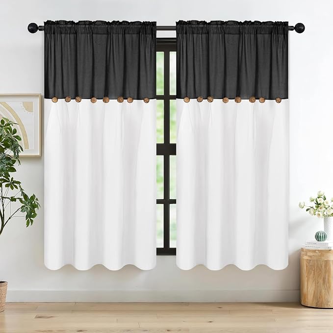 Farmhouse Cotton Linen Curtains, Boho Button Panels, 2 Panels - Image 2