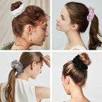 4PCS Big Satin Silk Scrunchies for Women Thick Hair, 6.3Inches Extra Large Scrunchy Oversized Thick Elastic Hair Ties Bands Ponytail Holders Jumbo Scrunchies (Black White Pink Silvergray)