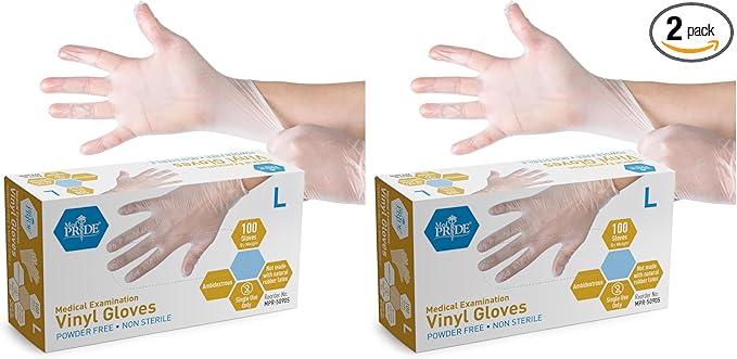 MED PRIDE Medical Vinyl Examination Gloves (Large, 100-Count) Latex & Rubber Free, Ultra-Strong, Clear Disposable Powder-Free Gloves for Healthcare & Food Handling Use (Pack of 2)
