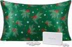 THXSILK Christmas Style 6A+ Grade Mulberry Silk Pillowcase for Hair and Skin, 22 Momme 100% Pure Silk Pillow Case with Hidden Zipper, Christmas Holly Printed Pillow Cover(Queen Size 20"x30",Green)