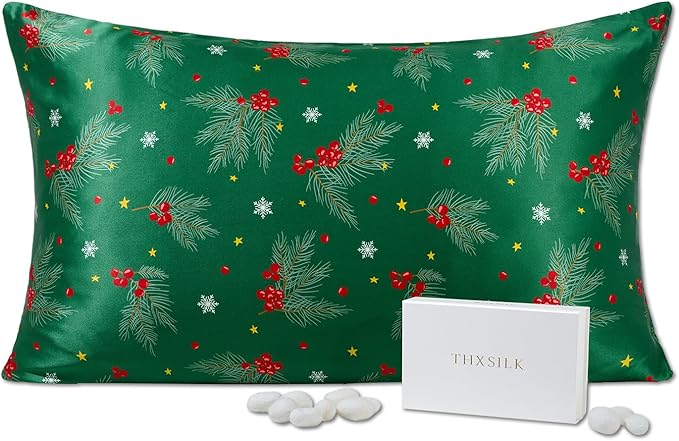 THXSILK Christmas Style 6A+ Grade Mulberry Silk Pillowcase for Hair and Skin, 22 Momme 100% Pure Silk Pillow Case with Hidden Zipper, Christmas Holly Printed Pillow Cover(Standard Size 20"x26", Green)
