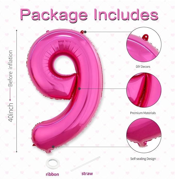 40 Inch Hot Pink Number 9 Balloon, Giant Number Balloons, Birthday Decor | - Image 3
