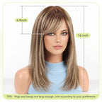 RSY Ombre Brown Mixed Blonde Straight Human Hair Wigs for Women, Shoulder Length and Layered Real Hair Wig with Bangs for Daily Party Use
