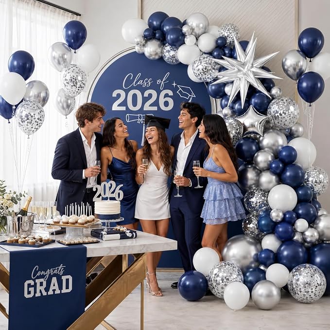 Blue Silver Balloon Garland Arch Kit, Metallic Silver Confetti Balloons Star - Image 7