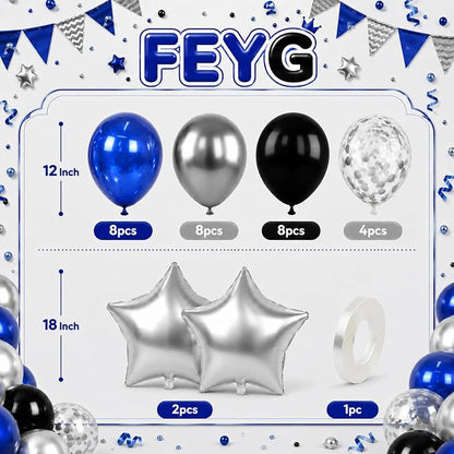 Blue Black Balloons for Birthday Party Decor | 12 Inch Royal Blue Black Silver - Image 2