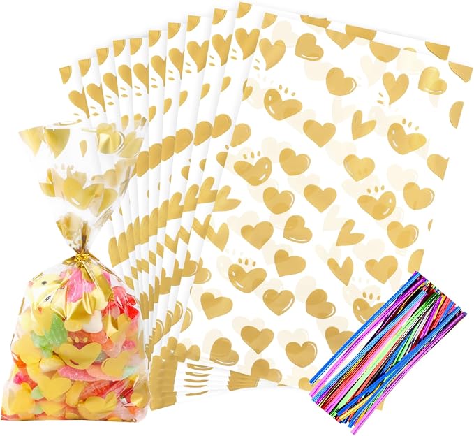 COQOFA 100Pcs 5X11IN Gold Heart Cello Cellophane Treat Bags by COQOFA