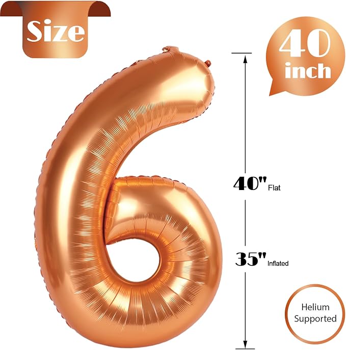 Orange Number 6 Balloon 40 Inch, 6th Birthday Party Decorations Men Women | - Image 5