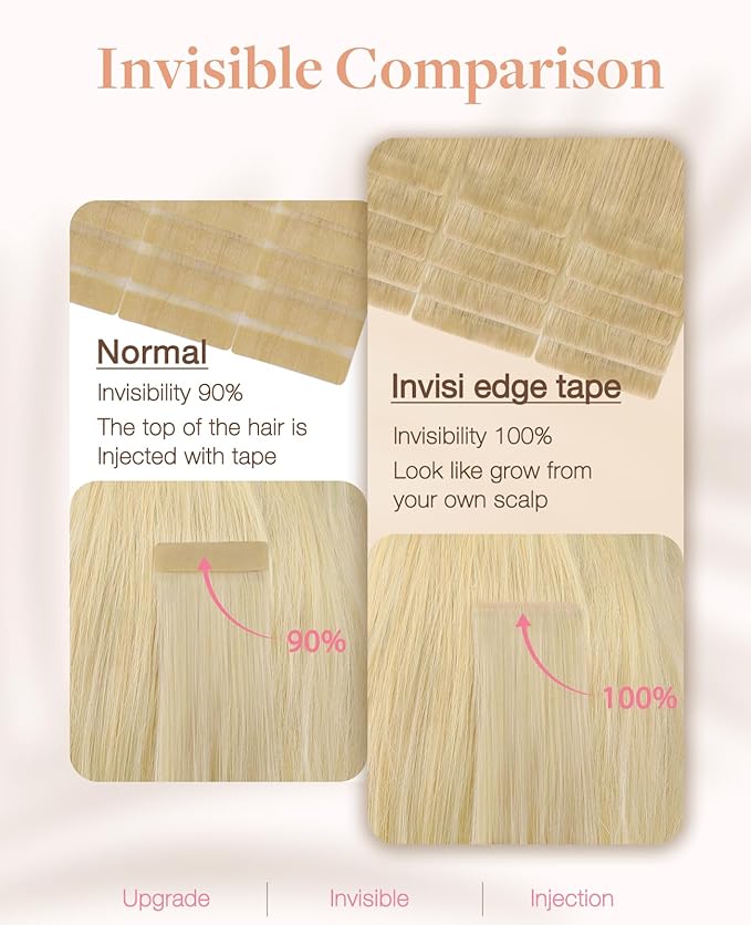GOO GOO Invisi Edge Tape in Hair Extensions Human Hair, 18AT60A Pearl Ash Blonde Highlights, 6pcs 16inch 15g, Virgin Remy Hair, Seamless Injected Tape, Natural Look