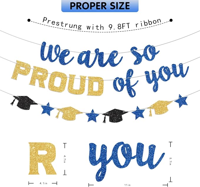 We Are So Proud of You Banner Prestrung Blue and Gold Graduation Banner - Image 4
