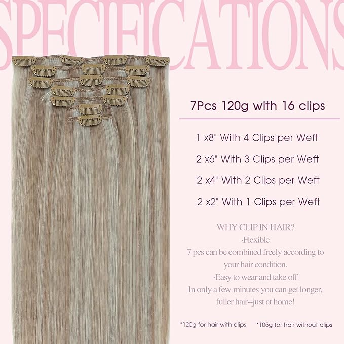 PINKPEARL Clip in Hair Extensions #18P1000 Ash Blonde Highlighted Gray Blonde 7pcs 18 Inch 120g Real Remy Hair Extensions Clip in Human Hair(#18P1000-18)
