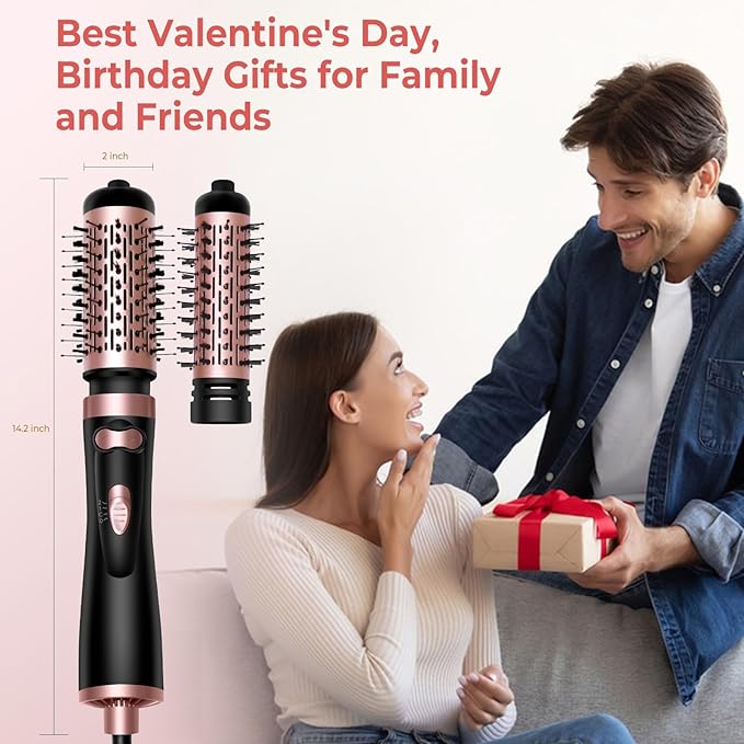 Hair Dryer Brush, 3-in-1 Rotating Round Hot Air Spin Brush Set with 2 Brushes (2" & 1.5"), Negative Ionic Blow Volumizer, 2 Detachable Auto-Rotating Curling Brush, Blow Dryer Brush,Dry as You Style