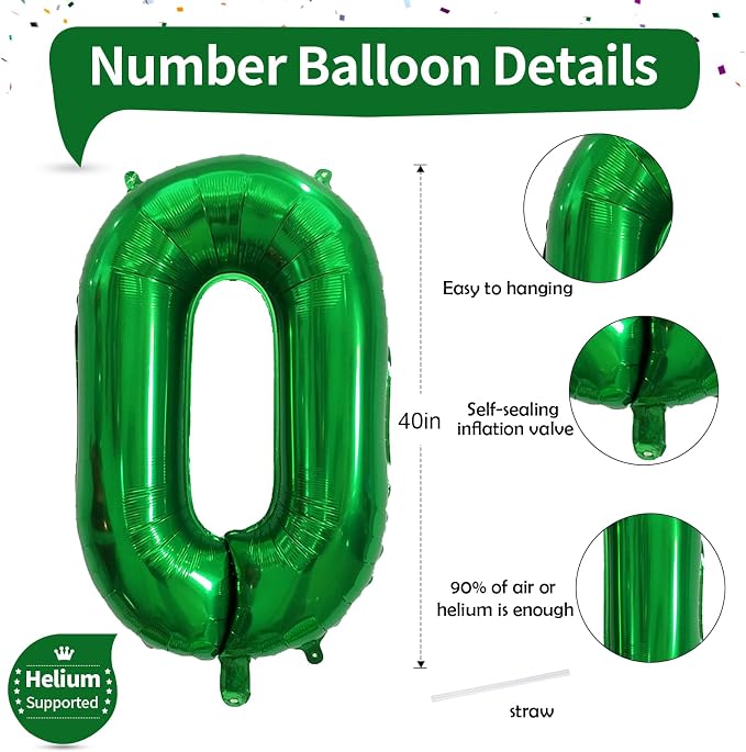 Dark Green Number Balloons for Kids, 40 Inch Foil Helium 0-9 Set Balloons - Image 2