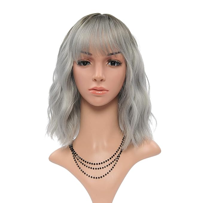 FAELBATY Grey Wigs with Bangs Women Girl's Ombre Grey Bob Wig Synthetic Cosplay Costume Wigs (12" Dark Root Ombre Grey)