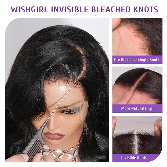 13x4 Full Frontal SKINLIKE Real HD Lace Wig 200% Density Body Wave Human Hair Vivid Pre-Plucked Hairline Bleached All Knots 0.10mm Ultra-thin Invisible Swiss HD Lace Front Wigs Frayed Ends 22 Inch