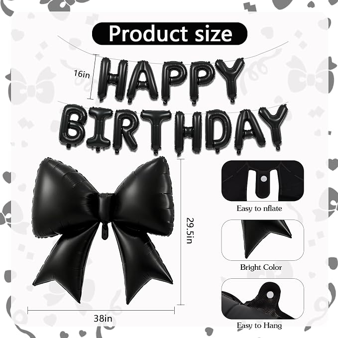 Vuzvuv Black Happy Birthday Balloons, 38 Inches Huge Bow Aluminum Foil Balloons - Image 2