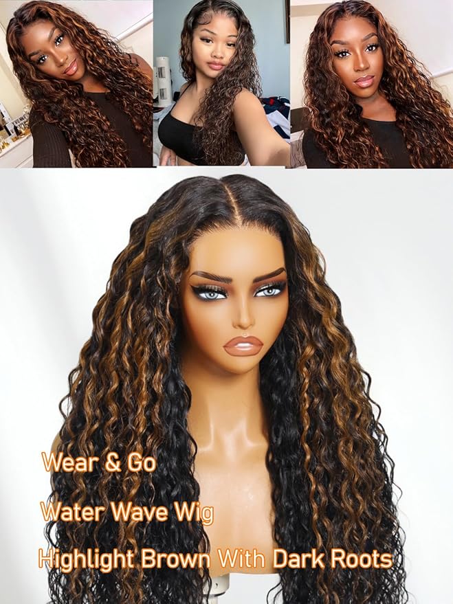 Julia Hair Ombre Brown Water Wave Glueless Wig Human Hair 7x5 HD Lace Closure with Invisible Drawstring Pre Plucked Bleached Highlight Balayage Colored Curly Wigs Put On And Go 22 Inch