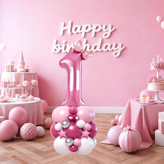 40 Inch Pink Number 1 Balloon Tower Set, Number One Foil Balloon - Image 3